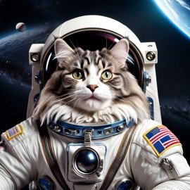 norwegian forest cat cat as astronaut in space, wearing spacesuit, highly detailed and lifelike.