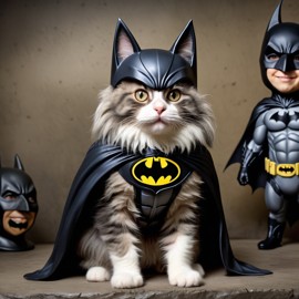 norwegian forest cat cat as batman in batcave, wearing batman suit and mask, highly detailed.