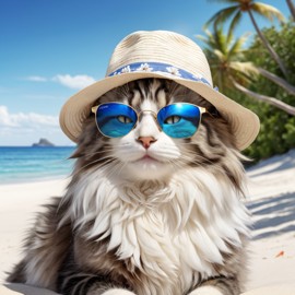 norwegian forest cat cat on a beach with white sand and blue sea, wearing sunglasses and summer hat.