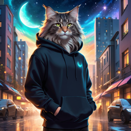 norwegian forest cat cat in a black hoodie, set in a magical urban environment with a celestial and cute appearance.