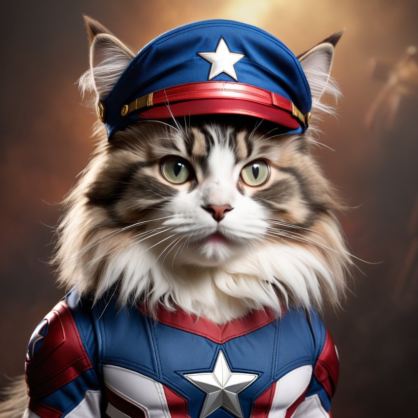 norwegian forest cat cat as captain america from avengers, lifelike and highly detailed.