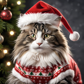 norwegian forest cat cat in a christmas sweater and santa hat, lifelike and festive.