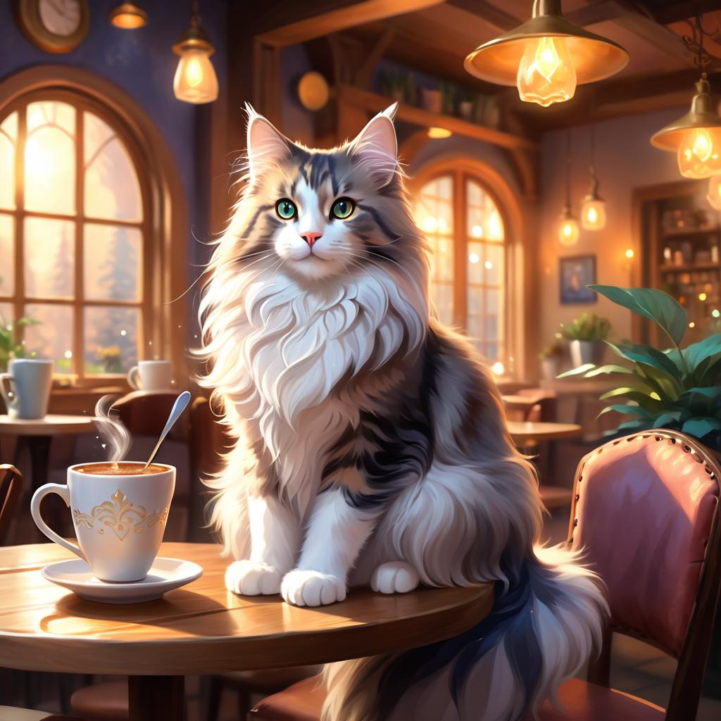 norwegian forest cat cat sitting in a cozy coffee shop, ethereal and magical.