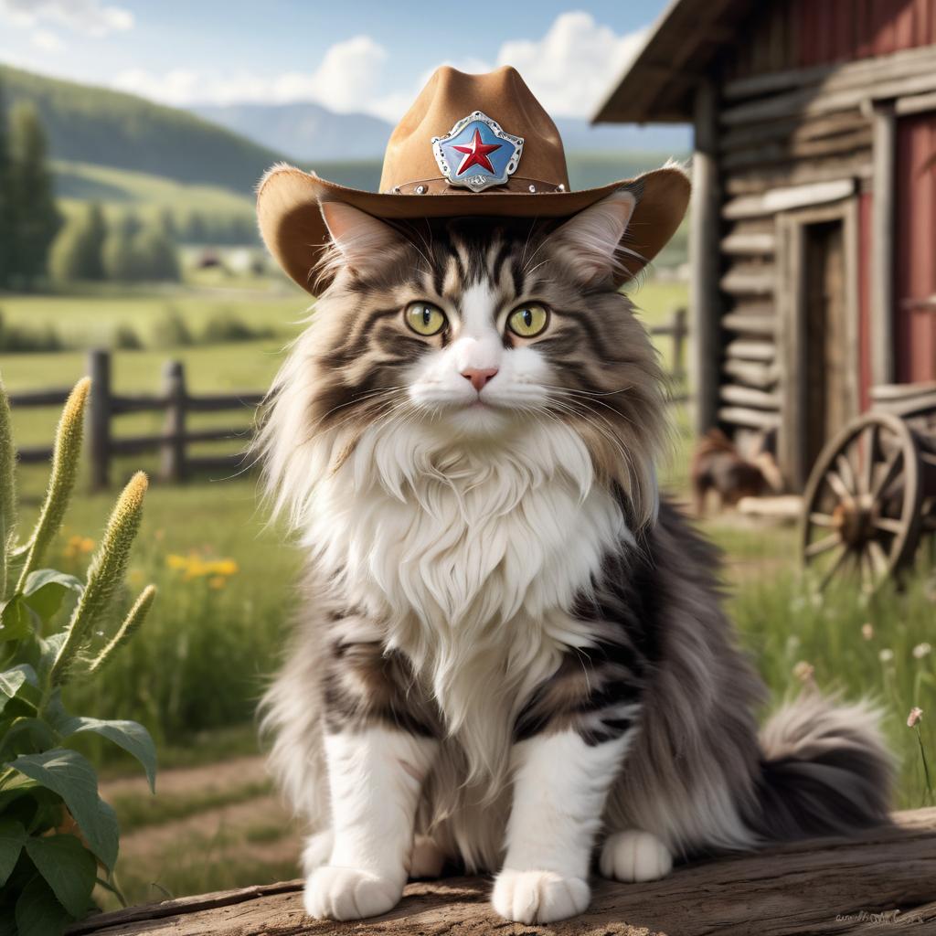 norwegian forest cat cat as a cowboy wearing a hat, in the midwest countryside, on a farm.