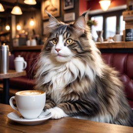 norwegian forest cat cat sitting in a cozy coffee shop, lifelike and detailed.