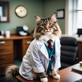 norwegian forest cat cat as a doctor in an office, detailed and charming, with high budget, bokeh, and a moody atmosphere.