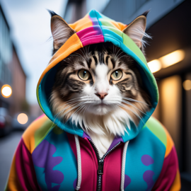 norwegian forest cat cat in a colorful hoodie, set in a modern urban environment with a stylish and trendy vibe.