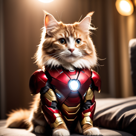 norwegian forest cat cat as iron man, featuring a detailed iron man costume and a high-budget movie scene.