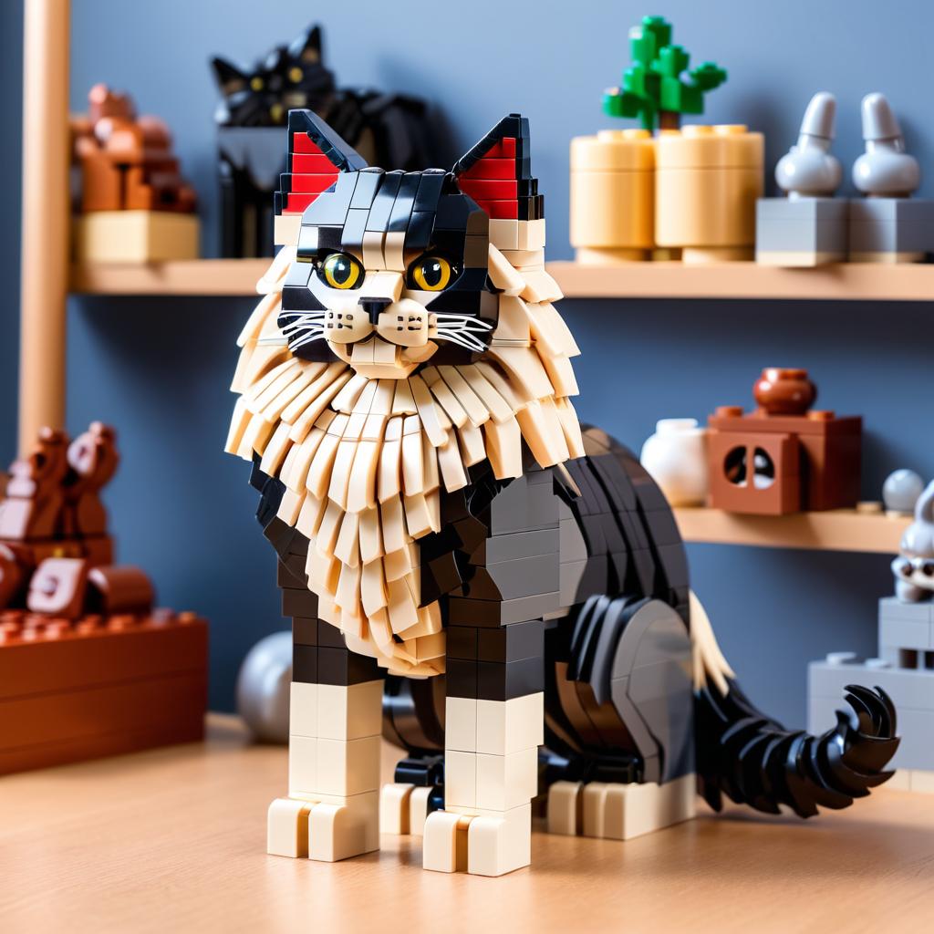 norwegian forest cat cat made of lego bricks in a professional studio photo, detailed and colorful lego environment.