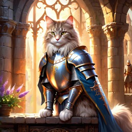 norwegian forest cat cat as a medieval knight in a majestic castle, ethereal and painterly style.