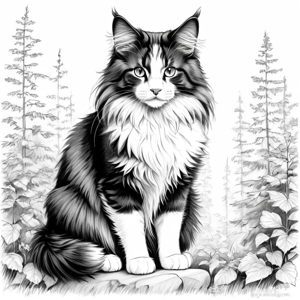 pencil sketch drawing of norwegian forest cat cat, detailed line art in black and white, capturing a timeless and elegant representation.