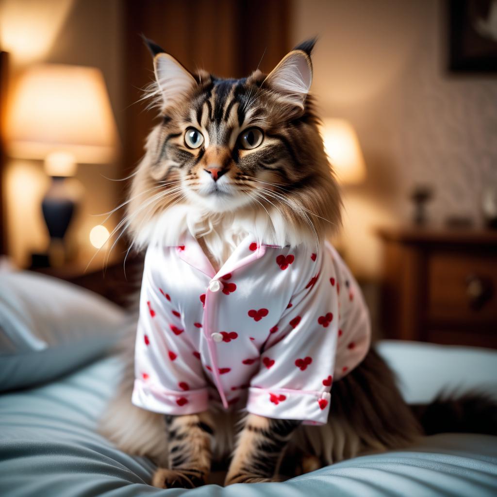 norwegian forest cat cat in cute pyjamas, relaxing in a beautiful posh bedroom, highlighting happiness and coziness.