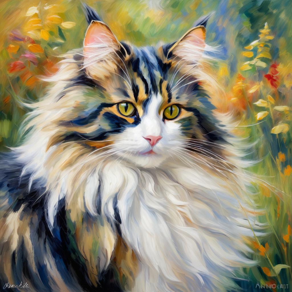 norwegian forest cat cat in the style of renoir, showcasing classic artistic brush strokes and timeless elegance.