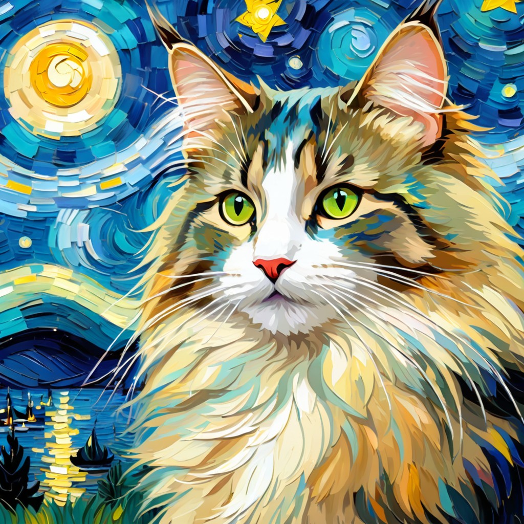 norwegian forest cat cat by van gogh, featuring starry night brush strokes, capturing a cute and happy expression.