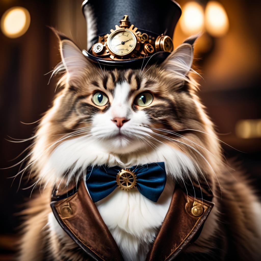 norwegian forest cat cat in a steampunk style, happy, highly detailed, retro-futuristic, with a vintage aesthetic.