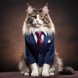 norwegian forest cat cat in a stylish suit, posing against a diffused background, looking cute and professional.