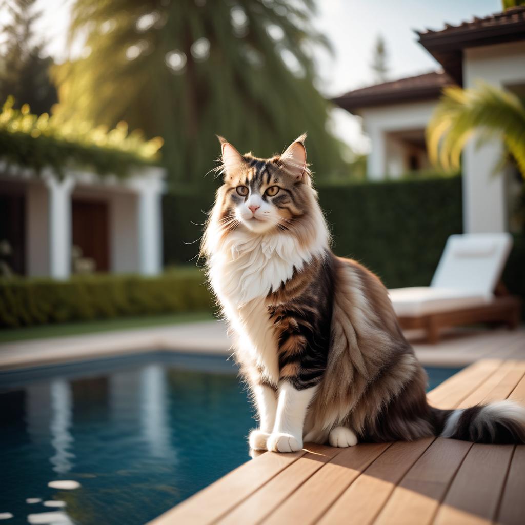 norwegian forest cat cat suntanning next to a luxurious villa pool, capturing a posh and happy moment.