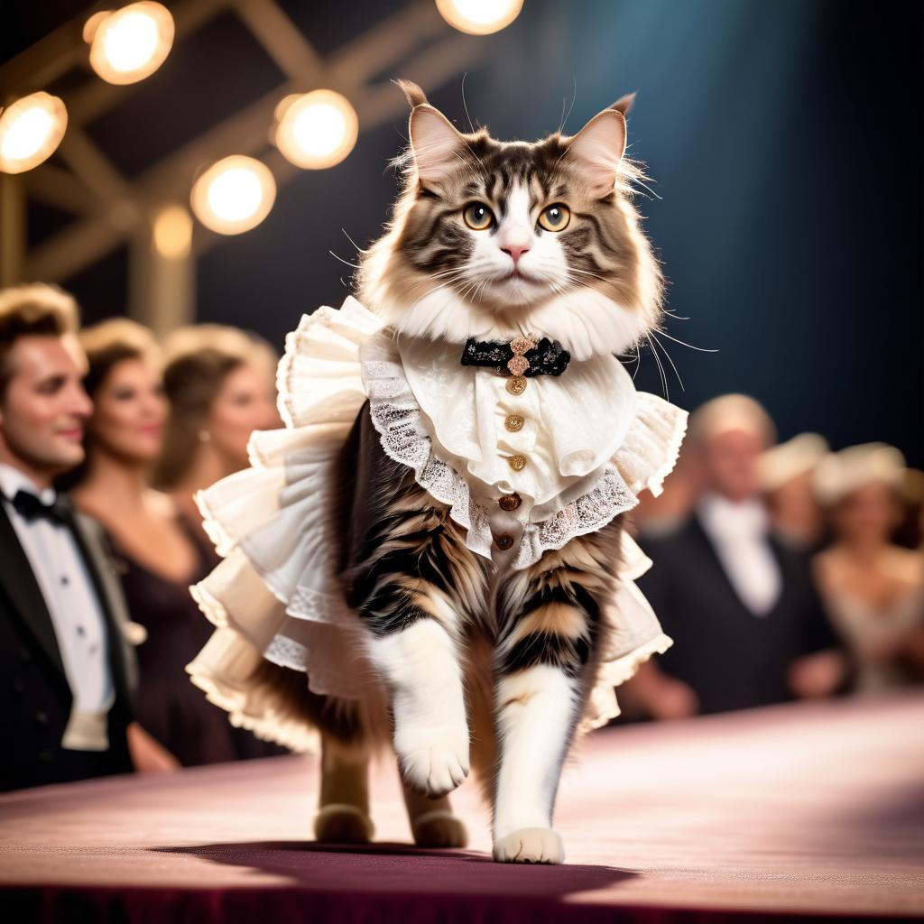 norwegian forest cat cat strutting down the fashion show catwalk stage in a vintage victorian outfit with lace and ruffles, high energy and majestic.