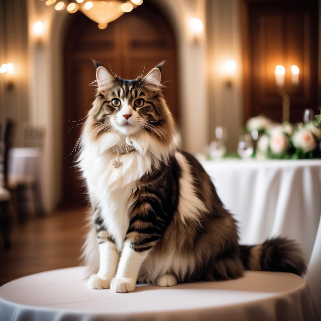 norwegian forest cat cat in a beautiful wedding suit, capturing a cute and happy moment in a romantic environment.