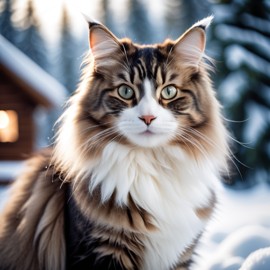 norwegian forest cat cat in a beautiful winter scene, wearing stylish winter clothing, looking cute and happy.