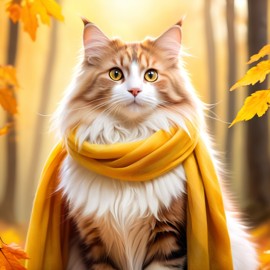 norwegian forest cat cat in a yellow scarf, ethereal and magical style.