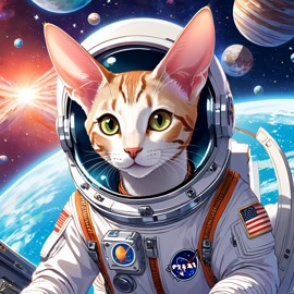 anime illustration of oriental shorthair cat as astronaut in space, wearing spacesuit, vibrant and detailed.