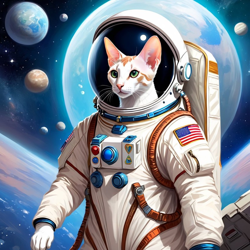 oriental shorthair cat as astronaut in space, ethereal and magical style, wearing spacesuit.