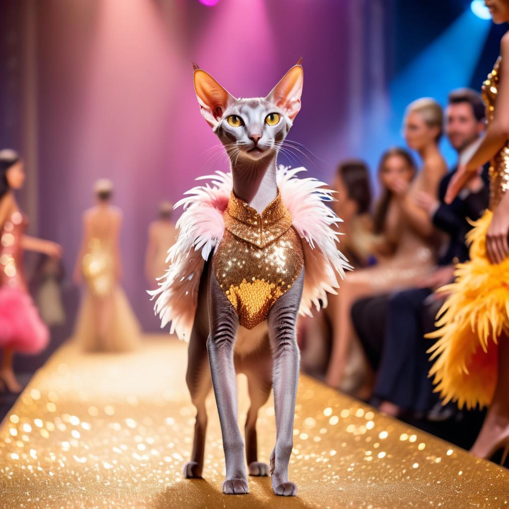 oriental shorthair cat strutting down the fashion show catwalk stage in a sparkling sequined dress with a feathered boa, high energy and dramatic.