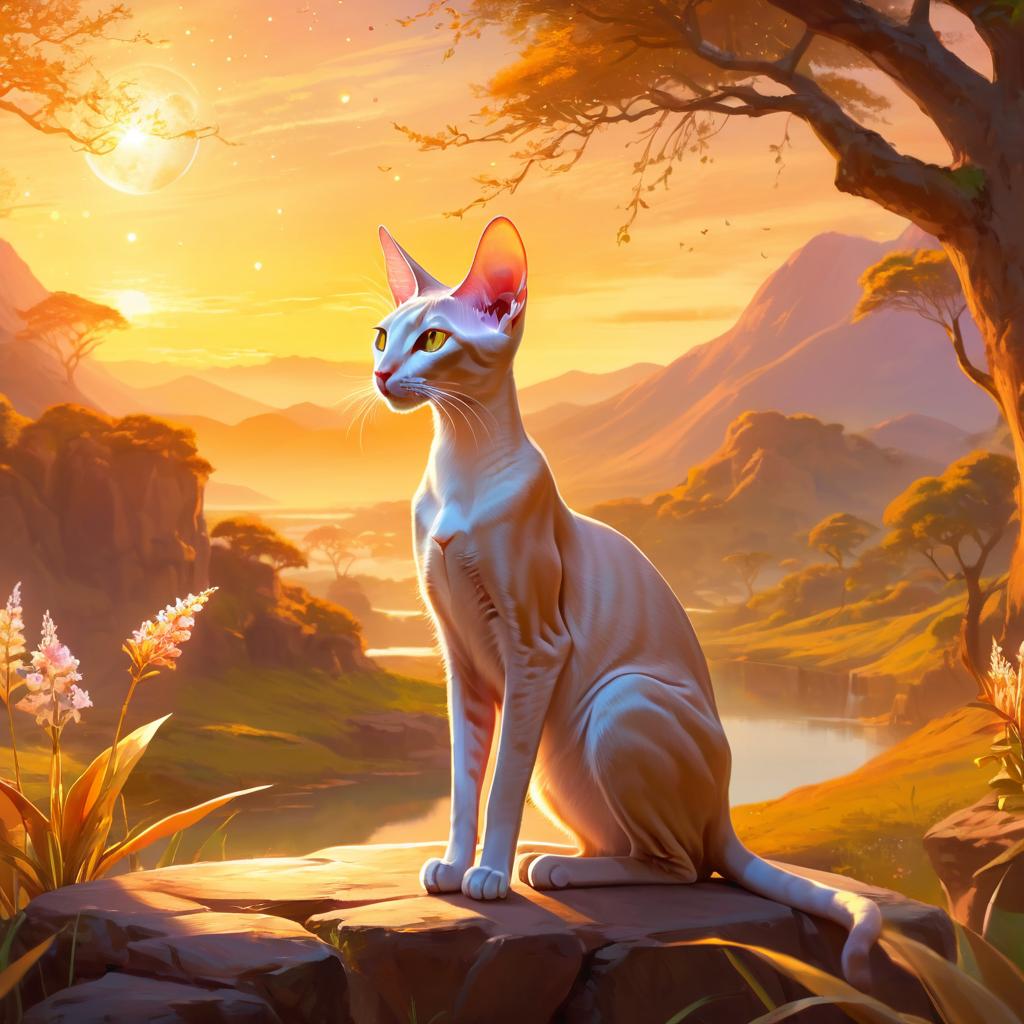 oriental shorthair cat during golden hour, with a celestial and magical atmosphere, capturing their beauty in a dreamy setting.