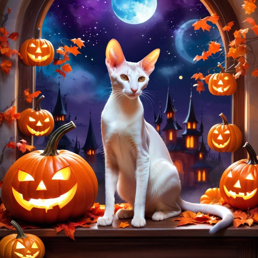 oriental shorthair cat in a halloween costume, with a magical and ethereal atmosphere surrounded by pumpkins.