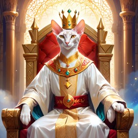 ethereal fantasy art of oriental shorthair cat as a king in a magical castle, wearing a crown and robe with a majestic, painterly style.