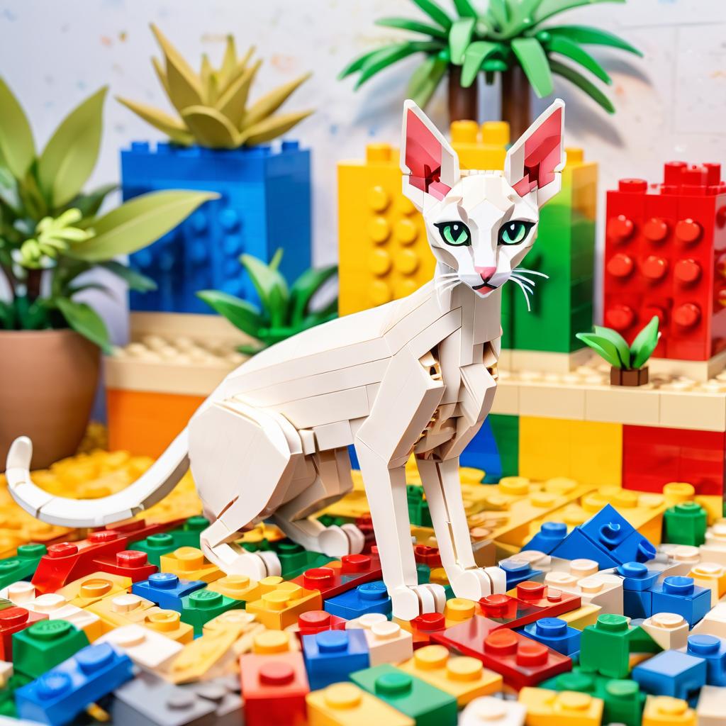 watercolor painting of oriental shorthair cat as lego bricks, vibrant and detailed in a playful lego environment.