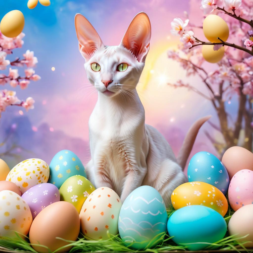 oriental shorthair cat in a magical easter setting with colorful eggs, ethereal and dreamy details.