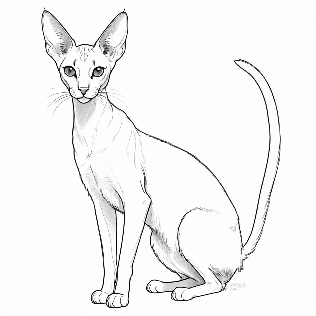 pencil sketch drawing of oriental shorthair cat, detailed line art in black and white, capturing a timeless and elegant representation.