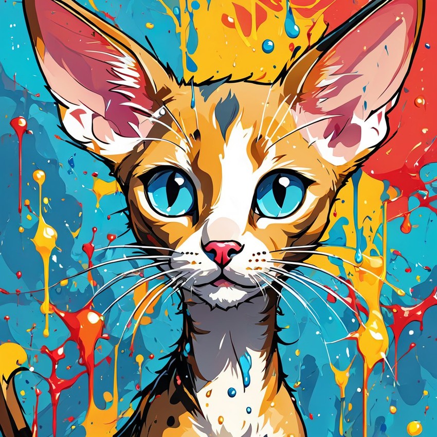 oriental shorthair cat in pollock's drip technique, capturing dynamic and colorful modern art.