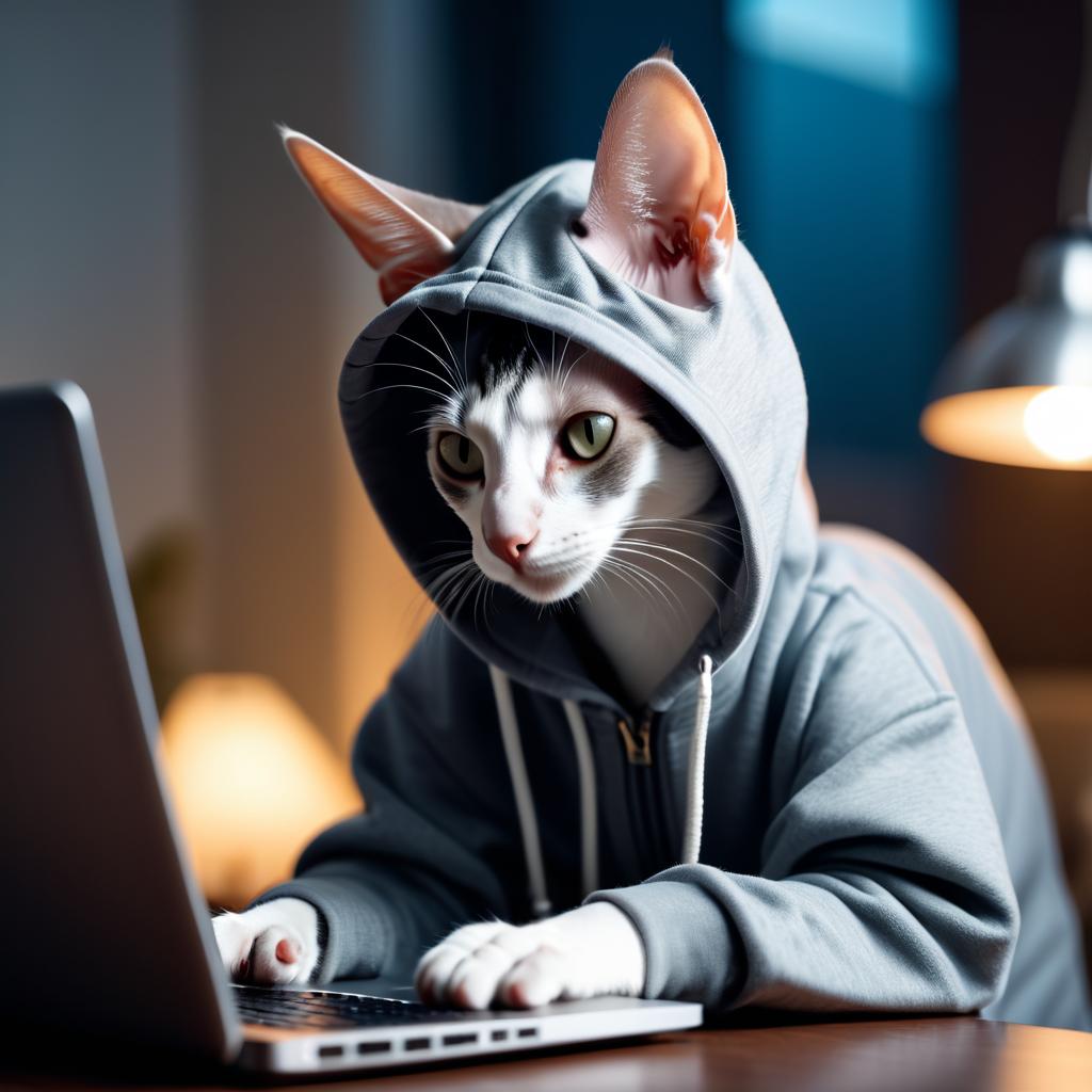 oriental shorthair cat as a programmer, working on a laptop in a hoodie, capturing a cute and happy moment.