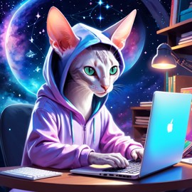 oriental shorthair cat as a programmer, working on a laptop in a hoodie, capturing a cute and magical moment.