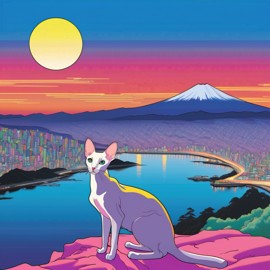 anime artwork of oriental shorthair cat in city pop style, retro vaporwave, night view, summer beach scene.