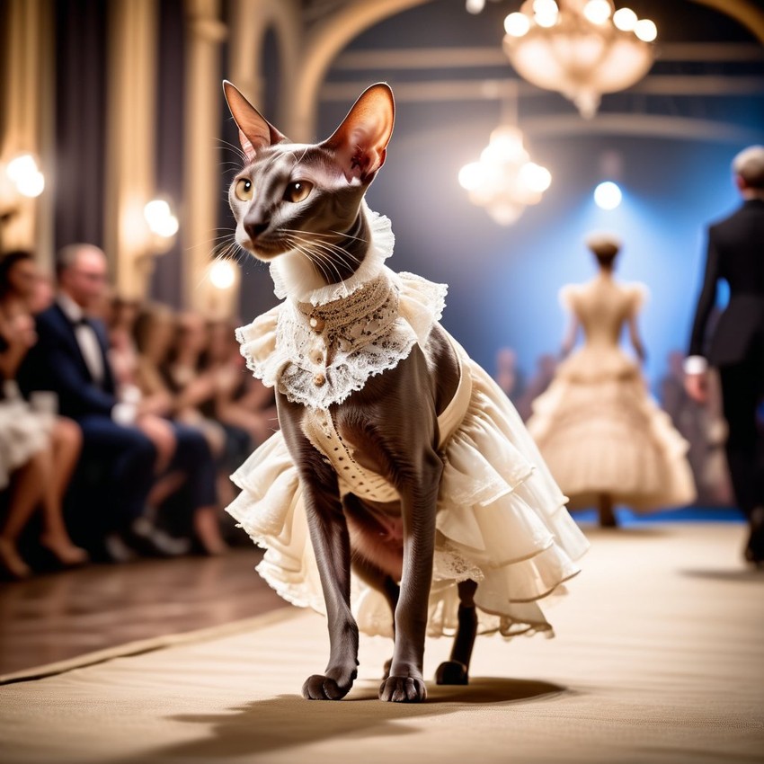 oriental shorthair cat strutting down the fashion show catwalk stage in a vintage victorian outfit with lace and ruffles, high energy and majestic.