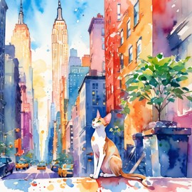 oriental shorthair cat in new york, rendered in a vibrant watercolor illustration, with a highly detailed and happy depiction.