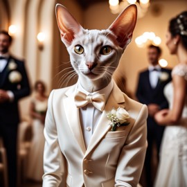 oriental shorthair cat in a beautiful wedding suit, capturing a cute and happy moment in a romantic environment.