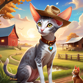 oriental shorthair cat as a cowboy wearing a hat, in the midwest countryside, on a farm.