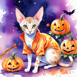 watercolor illustration of oriental shorthair cat in a halloween costume with a vibrant and festive atmosphere surrounded by pumpkins.