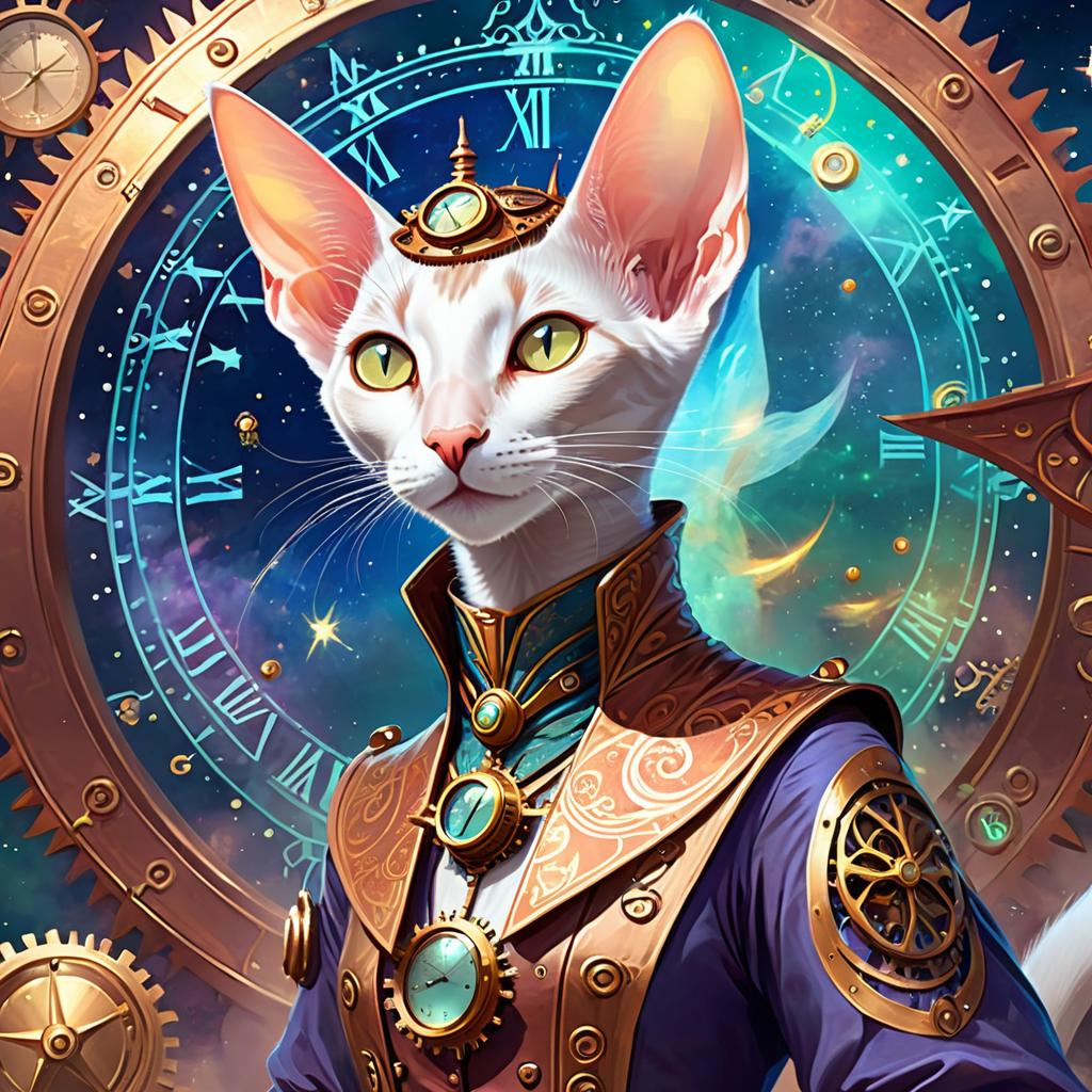 oriental shorthair cat in a steampunk style, cute and happy, with a magical and painterly quality.