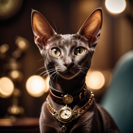 oriental shorthair cat in a steampunk style, happy, highly detailed, retro-futuristic, with a vintage aesthetic.