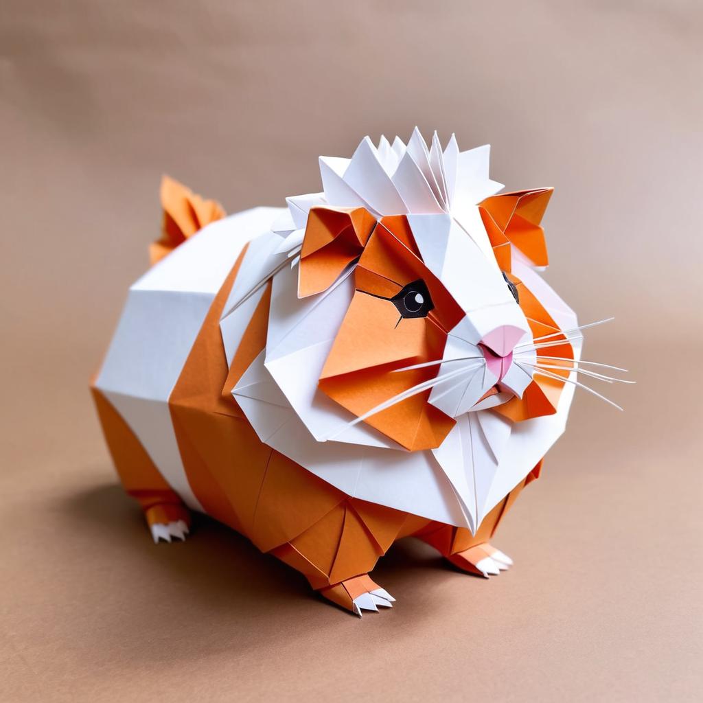 origami style portrait of abyssinian guinea pig, depicting them in intricate and beautifully folded paper art, capturing a happy and cute essence.