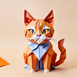 origami style portrait of bengal cat, depicting them in intricate and beautifully folded paper art, capturing a happy and cute essence.