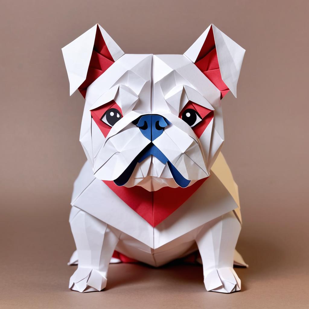 origami style portrait of bulldog, depicting them in intricate and beautifully folded paper art, capturing a happy and cute essence.