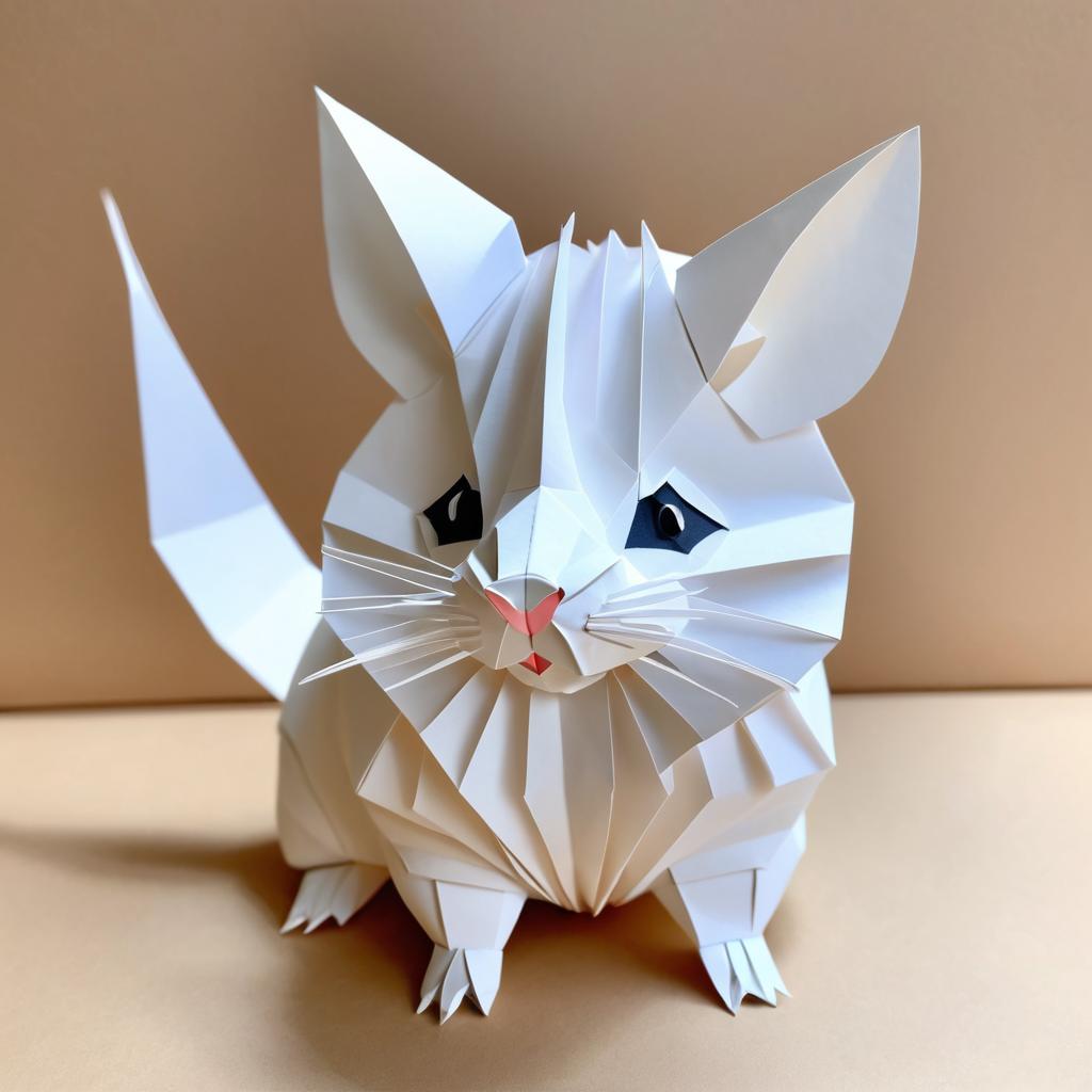 origami style portrait of white chinchilla, depicting them in intricate and beautifully folded paper art, capturing a happy and cute essence.