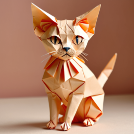 origami style portrait of devon rex cat, depicting them in intricate and beautifully folded paper art, capturing a happy and cute essence.